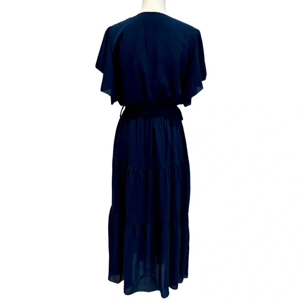 NWOT Navy Blue Flowy Midi Dress | Ruffle Sleeves + Elastic Waist (M) - Picture 11 of 13